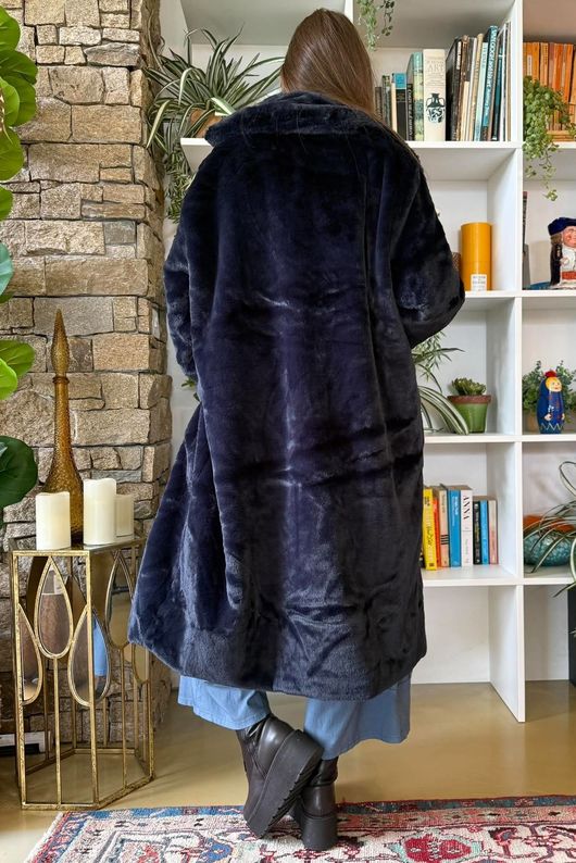 Mara Luxury Faux Fur Long Coat Navy